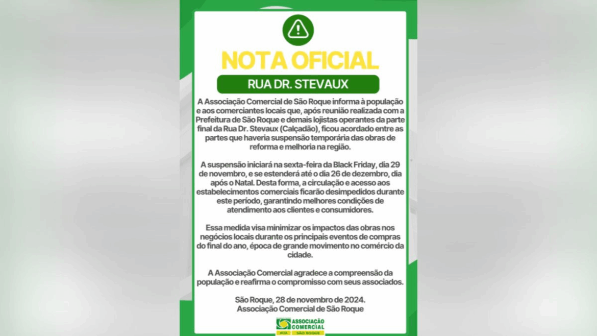 Obras da Rua Dr. Stevaux são suspensas temporariamente até dia 26 de dezembro Obras da Rua Dr. Stevaux são suspensas temporariamente até dia 26 de dezembro